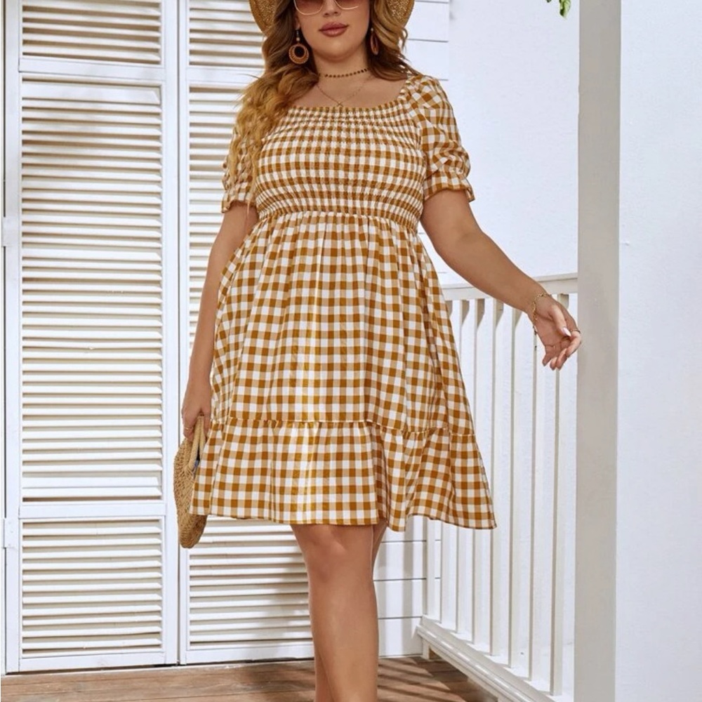 Mustard gingham shirred dress 2XL